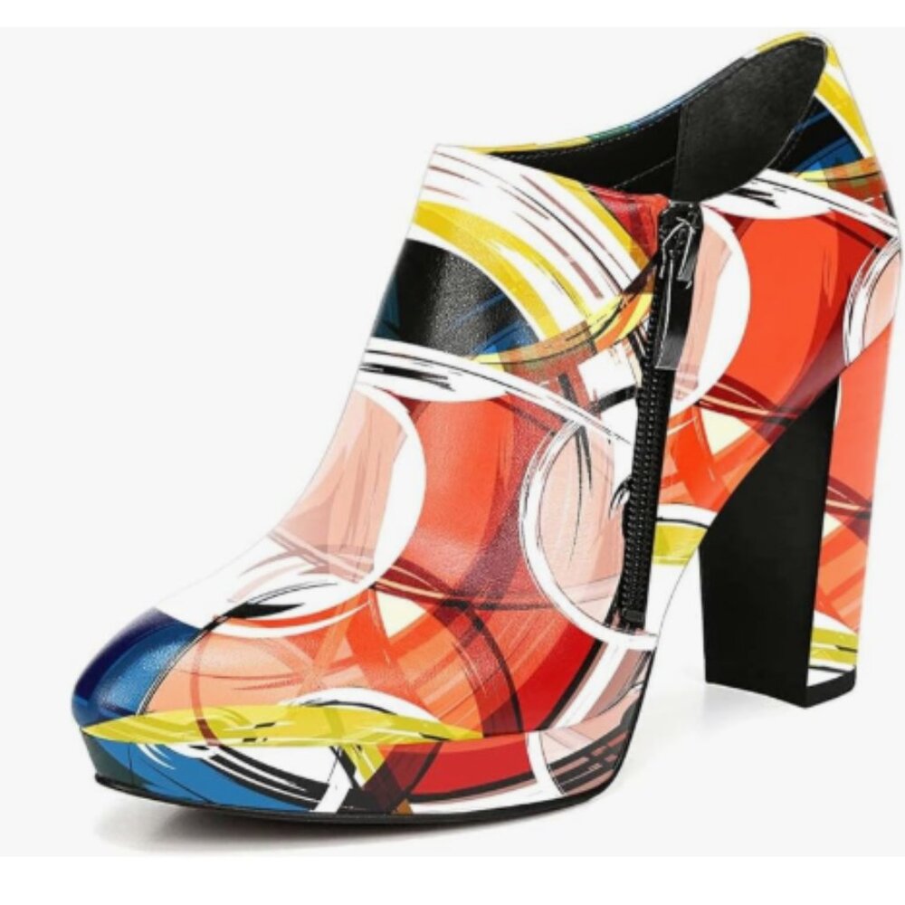 XYD Multicolor Chunky High Heels Platform Pointed Toe Side Zipper Ankle Boots